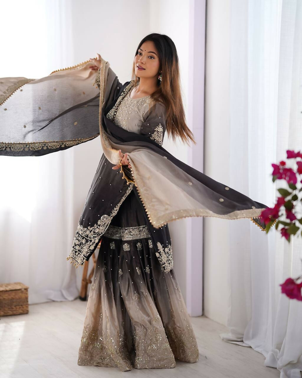 The52 Women's Beautiful Chinon silk Fabric Embroidery Work Straight Kurta Palazzo and Dupatta Set | Grocsy