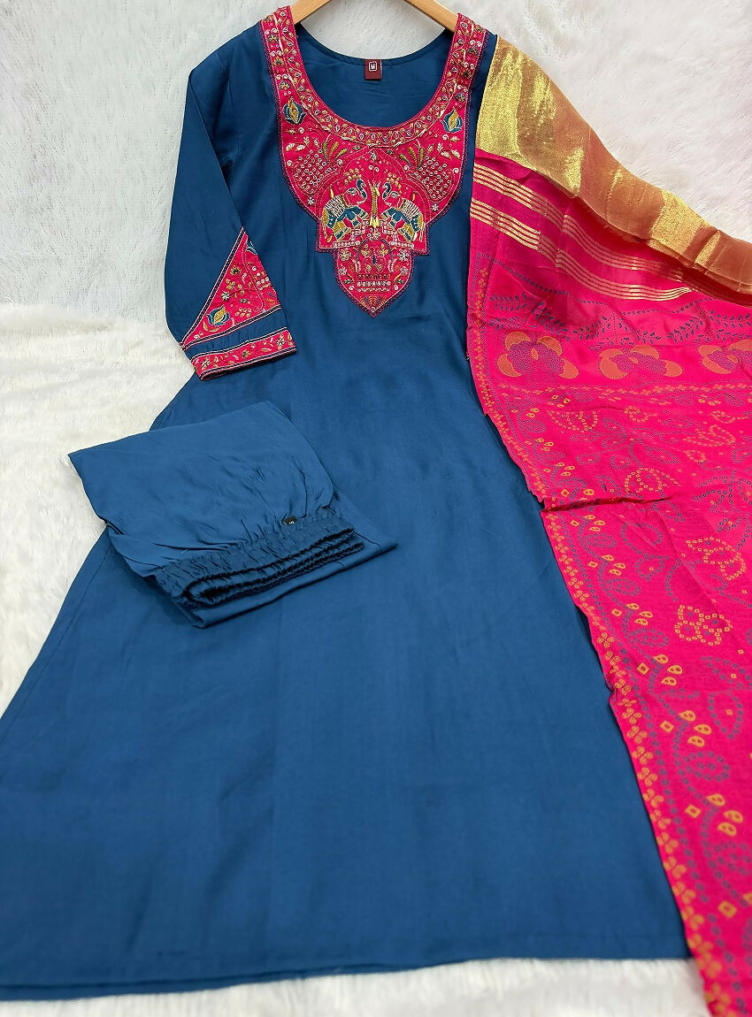 Teeya Creation Women Teal Blue Embroidered Straight Kurta With Magenta Dupatta And Pant Set | Grocsy