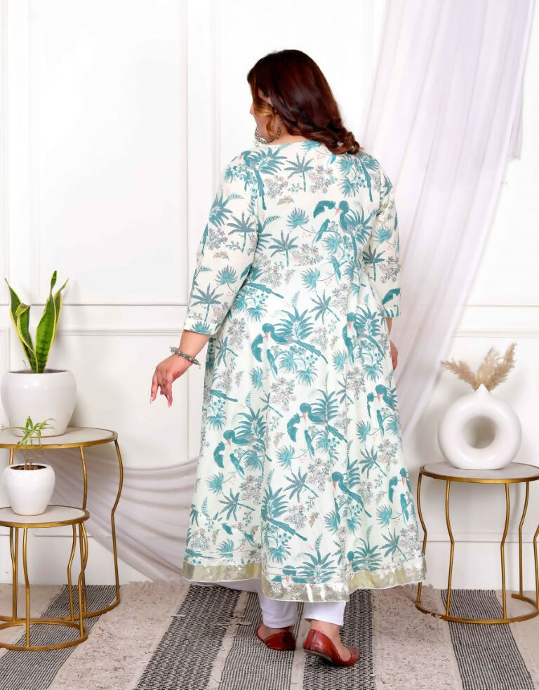 Miravan Women's Plus Size Light Green Cotton Gota Patti And Lace Border Details Birds And Leaf Floral Printed Anarkali Kurta | Grocsy