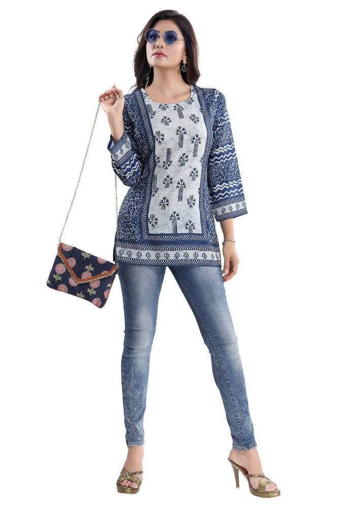 Snehal Creations Stylista Indigo Blue Summer Cool Printed Tunic Top | Grocsy