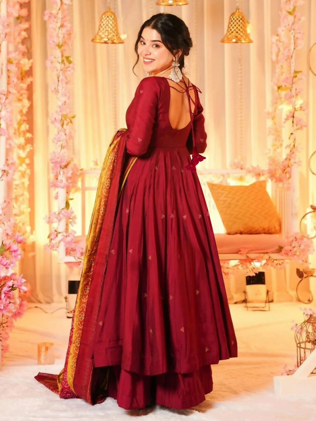 The52 Women's Beautiful Printed Work Viscose Fabric Flared Anarkali Palazzo and Dupatta Set-Maroon | Grocsy