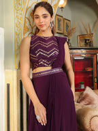 Janasya Purple Georgette Sequined Saree and Blouse | Grocsy
