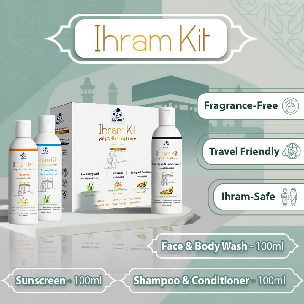 Livort Ihram Kit Hajj & Umrah Face & Body Wash Sunscreen Shampoo & Conditioner | Grocsy