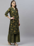 Miravan Women's Cotton Floral Straight Kurta & Sharara With Dupatta Set | Grocsy