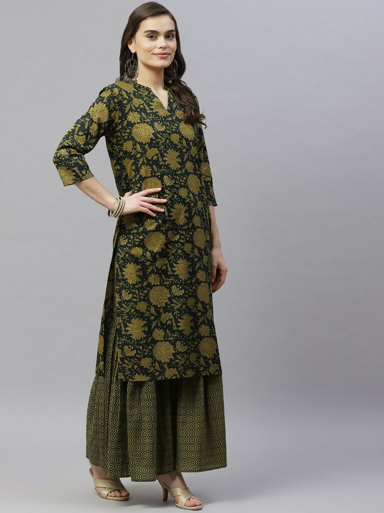 Miravan Women's Cotton Floral Straight Kurta & Sharara With Dupatta Set | Grocsy