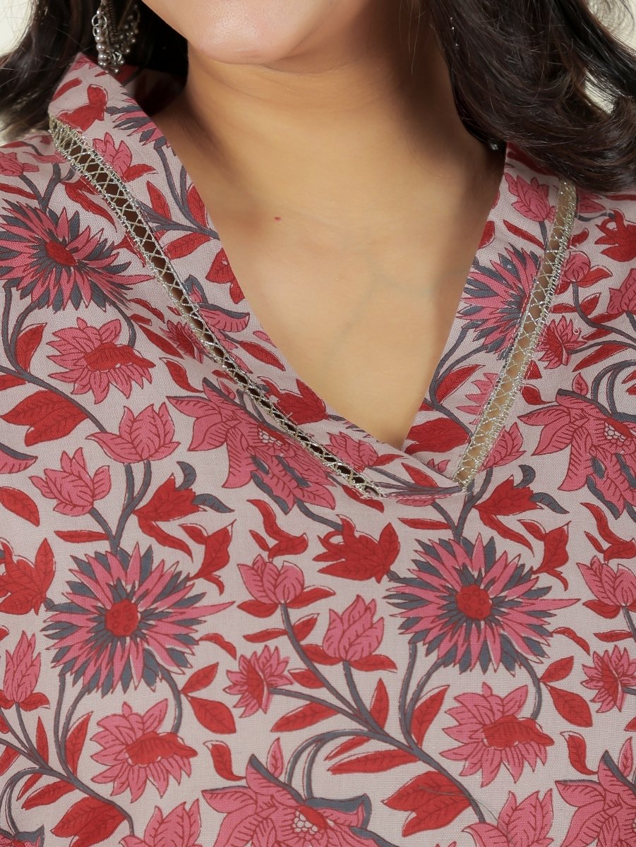 Aramya Straight Linen Cotton Floral Print Women's Kurta - Grey | Grocsy