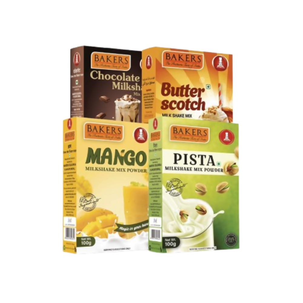 BAKERS Premium Milk Shake Mix - Chocolate, Butterscotch, Mango & Pista | Grocsy