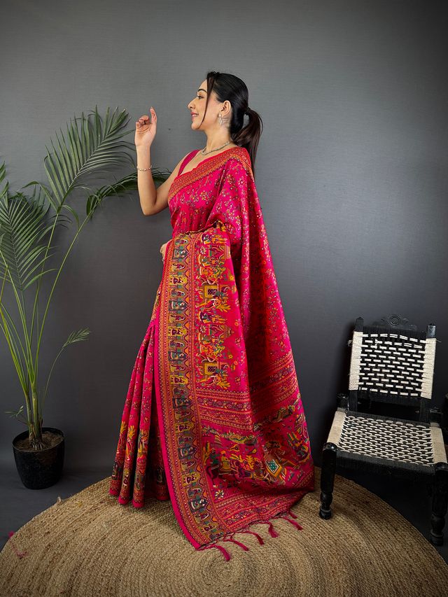 Elora Rani Pink Pashmina Silk Meenakari Weaving Madhubani Design Kashmiri Saree | Grocsy