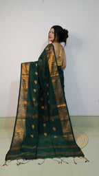 Exclusive Collection Beautiful Purssion Green Cotton Silk Woven Handloom Saree With Running Blouse Piece | Grocsy