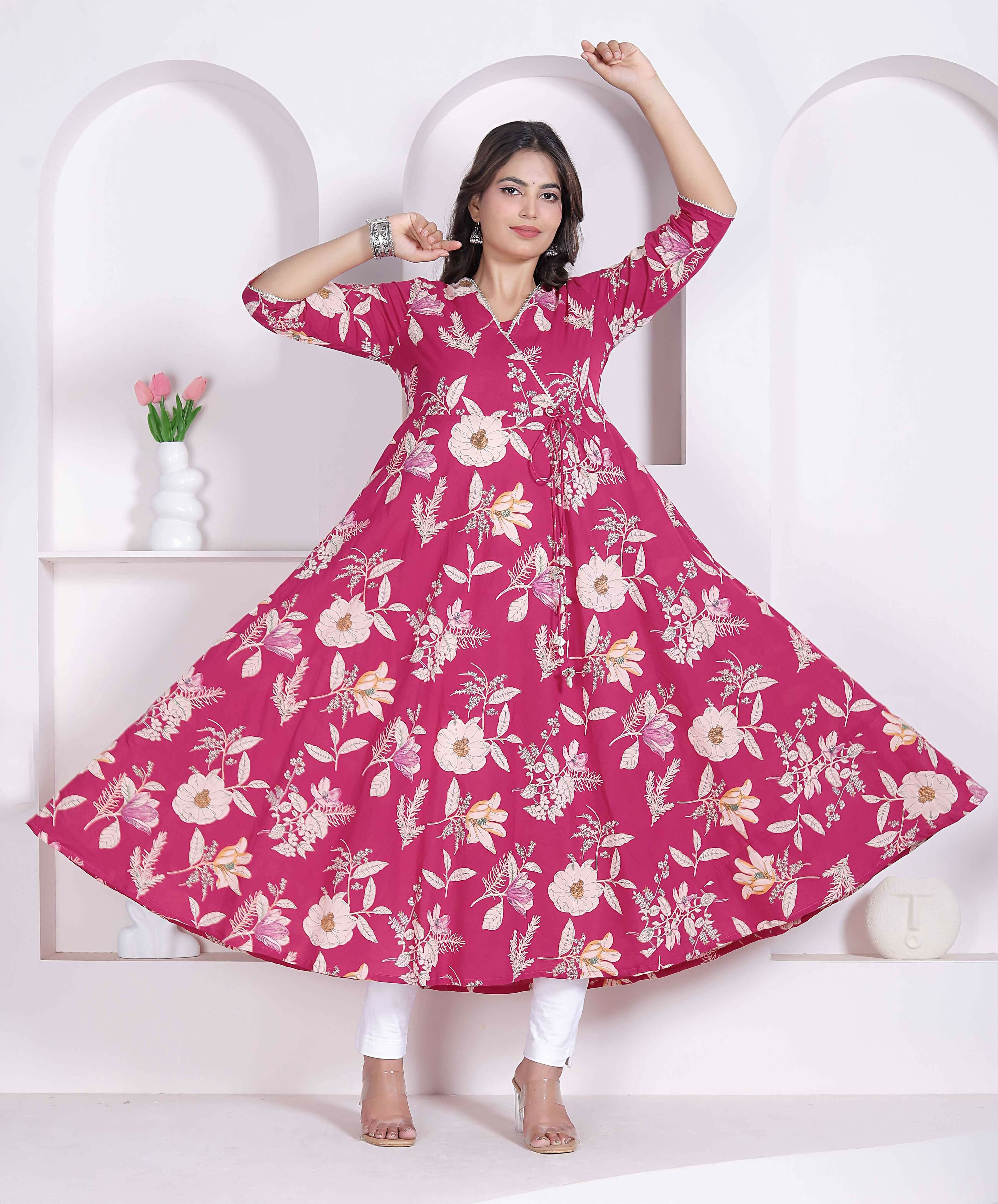 Miravan Womens Pink Floral Printed Angrakha Kurta | Grocsy
