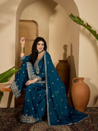Joban Fashion Embroidery Teal Chinon Silk Kurta Set | Grocsy