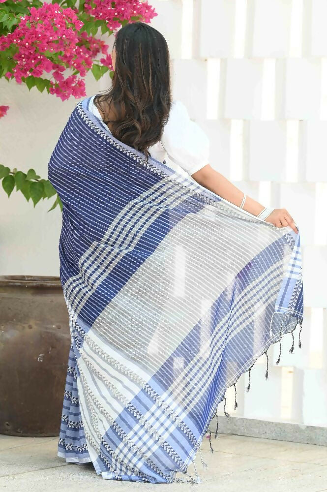 Beatitude Blue Cotton Tanchori Handloom Saree | Grocsy