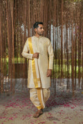 Cream Kanjivaram Machine Embroidered Pattu Set by Hilo Design | Grocsy