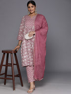 Sztori Plus Size Floral Printed Sequinned Pure Cotton A Line Kurta & Trousers With Dupatta | Grocsy