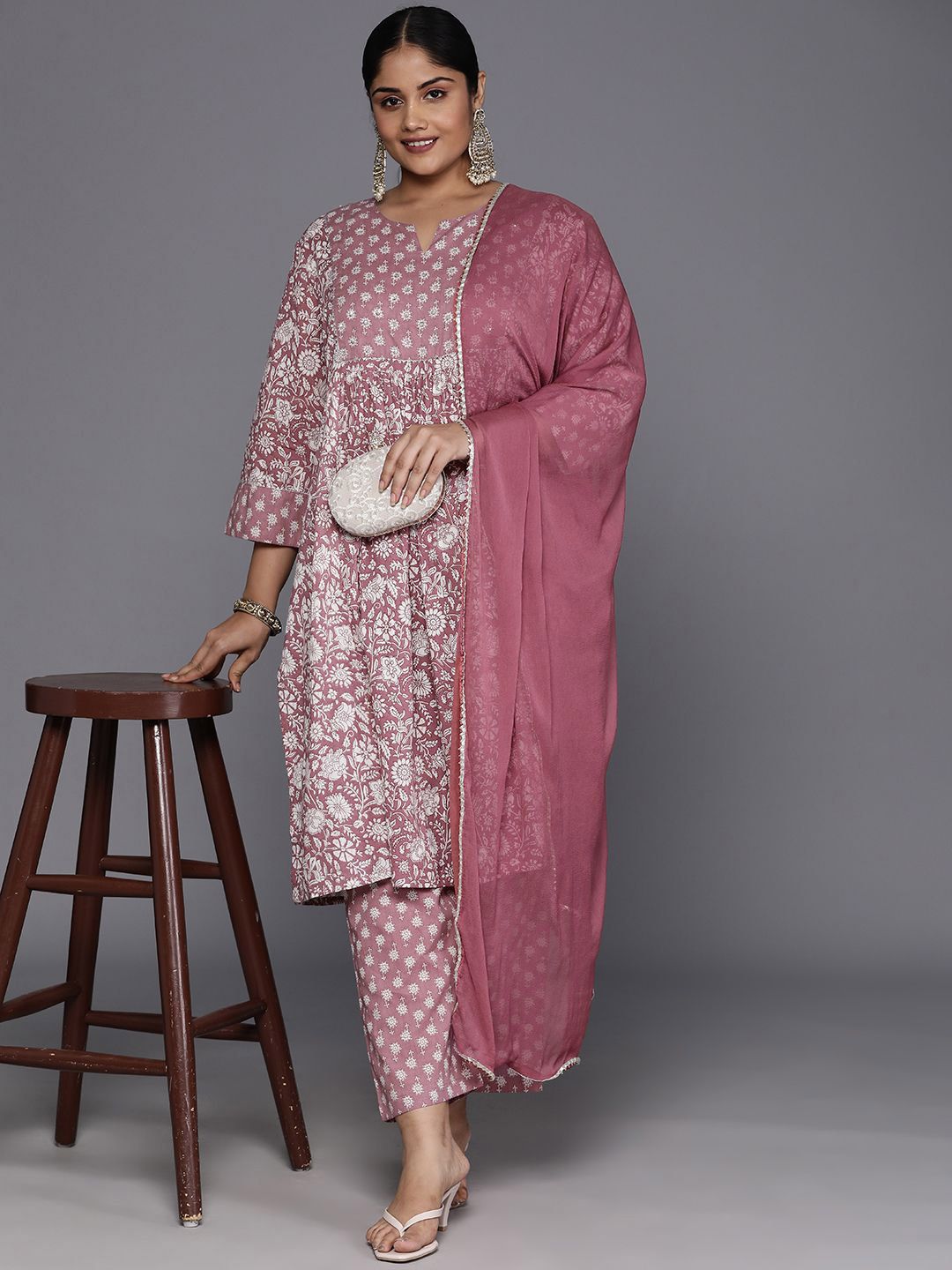 Sztori Plus Size Floral Printed Sequinned Pure Cotton A Line Kurta & Trousers With Dupatta | Grocsy