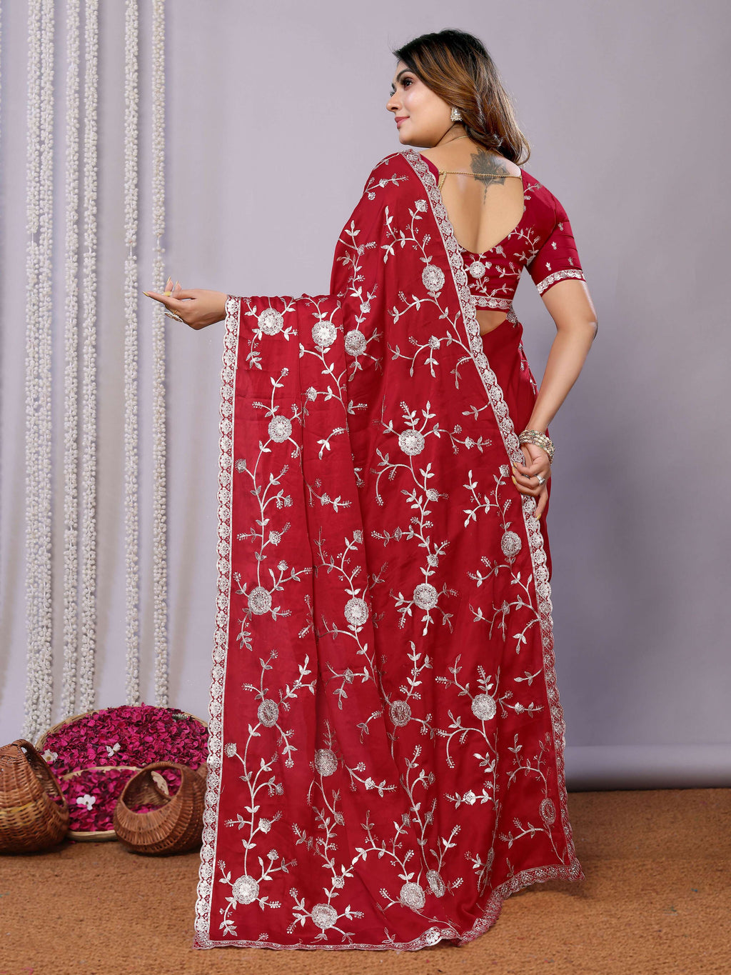 Red Pure Satin Embroidered Saree With Stitched Blouse - Nimaya Kaksha | Grocsy