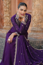The52 Wine Women's Gorgeous Vichitra Silk Fabric Embroidered Work Flared Anarkali Pant and Dupatta Set | Grocsy
