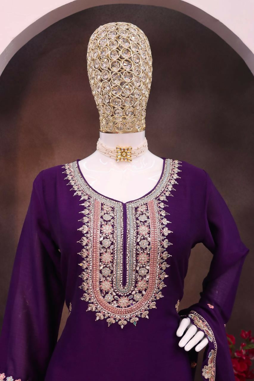 Anaita Violet Heavy Chinon Stitched Suit with Embroidery & Sequence Work | Grocsy