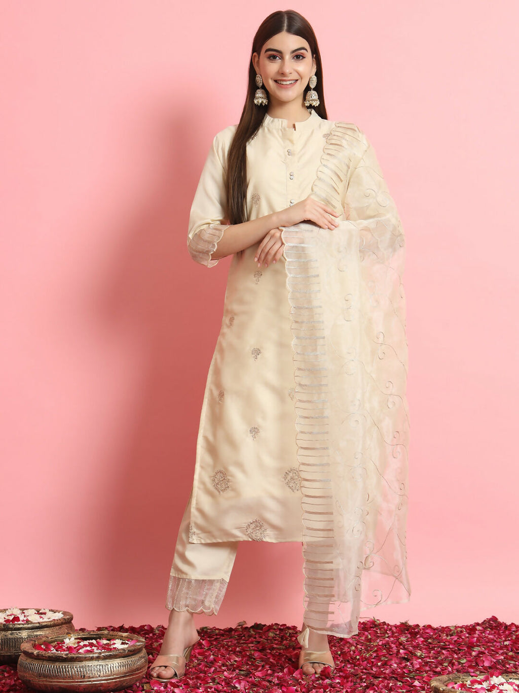 Vellora Elegant Beige Silk Blend Casual Wear Embroidered Salwar Suit | Grocsy