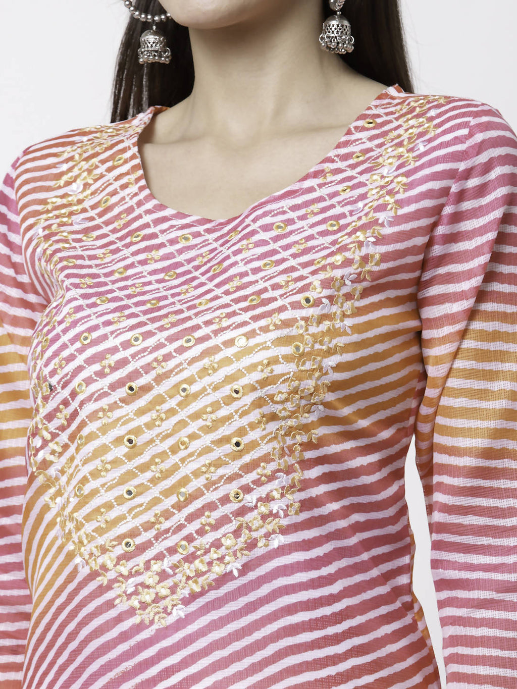 Myshka Pink Pure Cotton Printed 3/4 Sleeve Round Neck Kurta Pant Dupatta Set | Grocsy