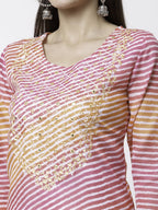 Myshka Pink Pure Cotton Printed 3/4 Sleeve Round Neck Kurta Pant Dupatta Set | Grocsy