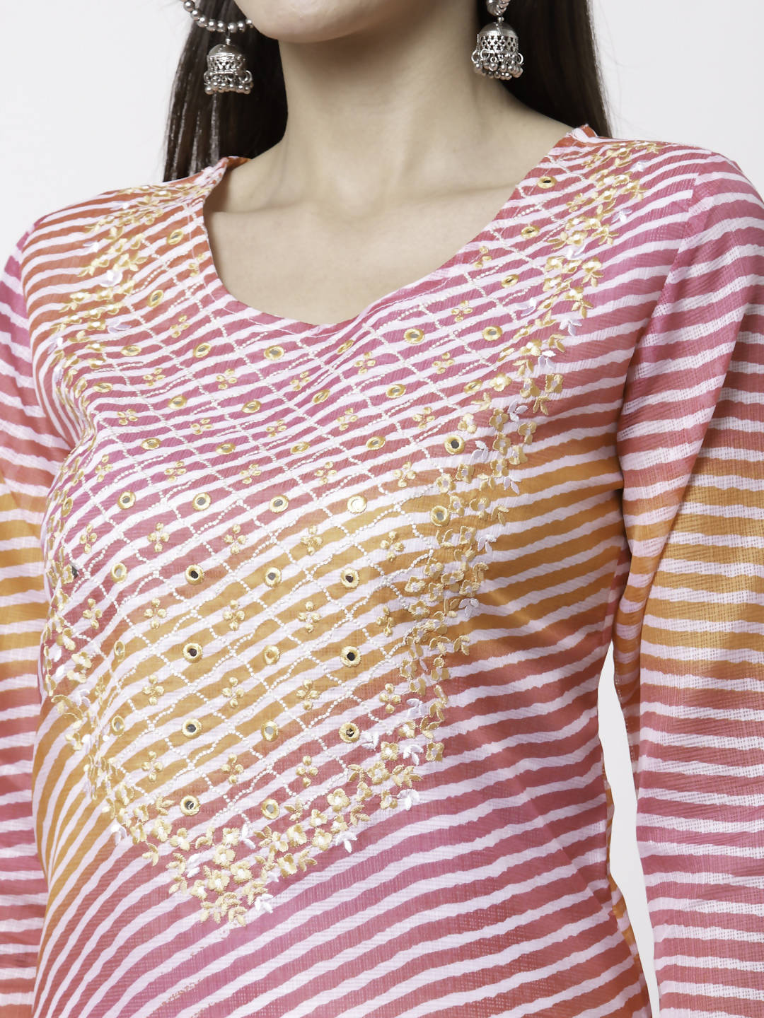 Myshka Pink Pure Cotton Printed 3/4 Sleeve Round Neck Kurta Pant Dupatta Set | Grocsy