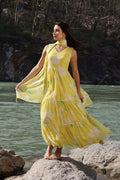 W for Woman Yellow Floral Printed Tiered Dress and Dupatta Set | Grocsy