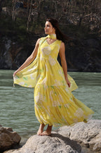 W for Woman Yellow Floral Printed Tiered Dress and Dupatta Set | Grocsy