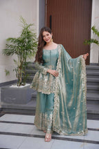 Teeya Creation Teal Color Fendy Satin Silk Embroidery Work party Wear Salwar Suit | Grocsy