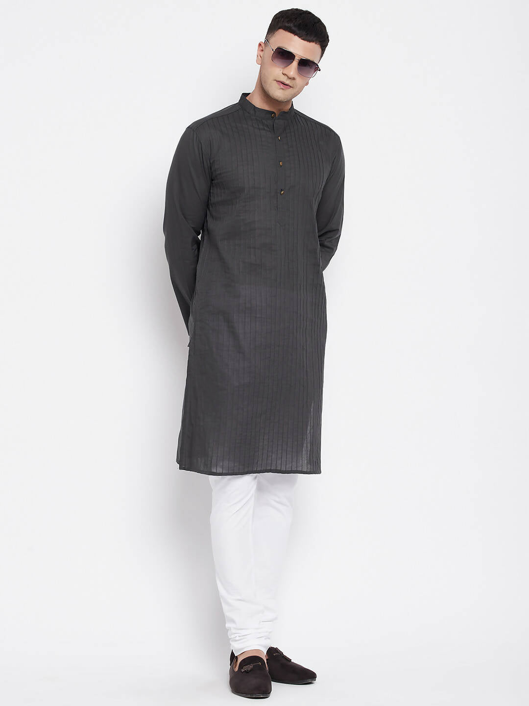 Even Apparels Grey Pure Cotton Men's Kurta With Band Collar | Grocsy