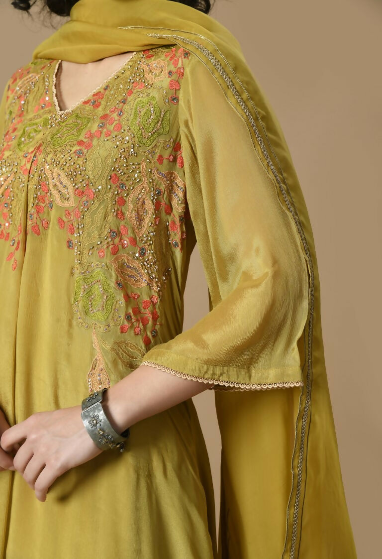 Joban Fashion Mehendi Chinnon Kurta Set | Grocsy