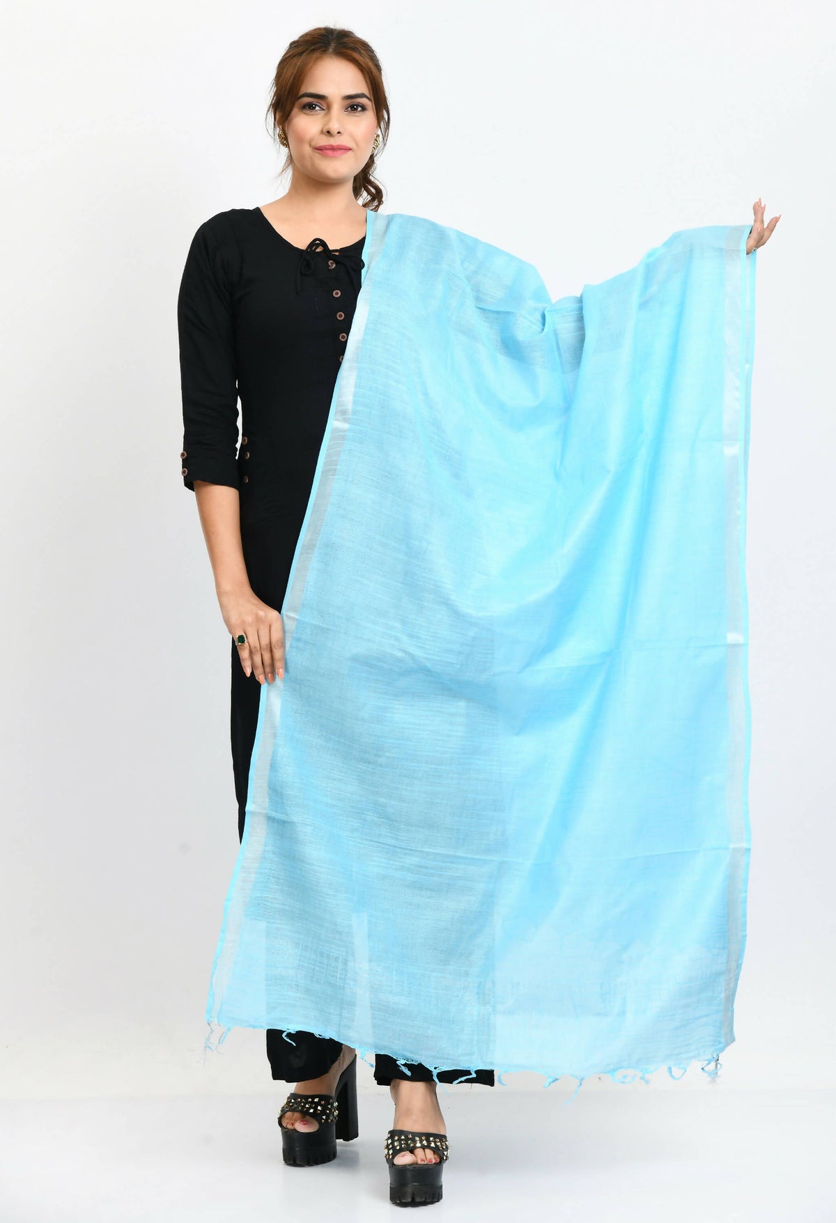 Mominos Fashion Moeza Women's Linen Cotton Silver Border Sky Blue Dupatta | Grocsy