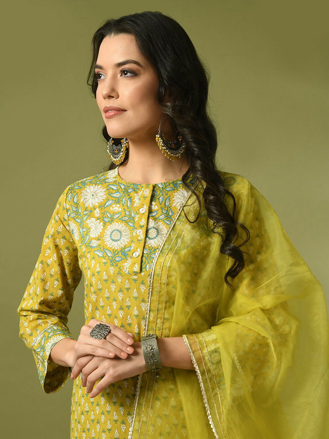 Myshka Women's Yellow Printed Cotton Straight Party Kurta Set With Dupatta | Grocsy