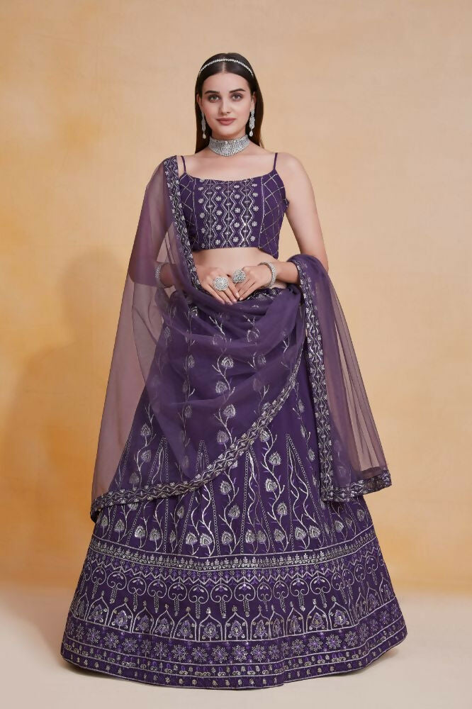 Purple Zari Sequence Embroidery Georgette Lehenga Choli - Jihu Culture | Grocsy