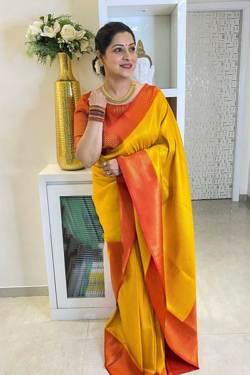 DEIANA'S Beautiful Designer Golden zari Soft Lichi Silk Saree - Yellow | Grocsy