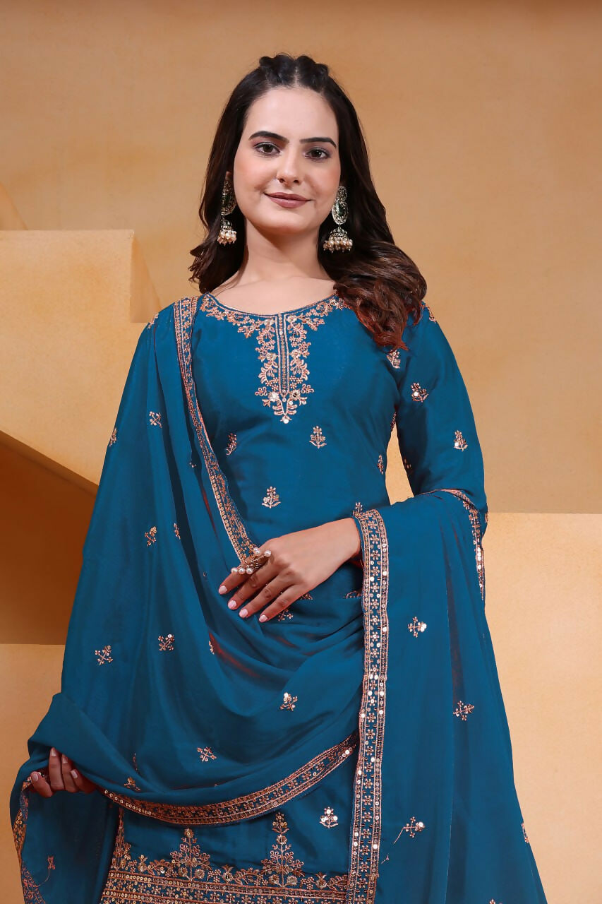Joban Fashion Teal Silk Embroidered Sharara Set | Grocsy