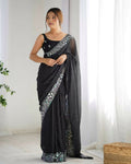 Georgette Designer Sequance Embroidery Work Party Wear Saree - Black | Grocsy