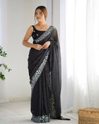 Georgette Designer Sequance Embroidery Work Party Wear Saree - Black | Grocsy
