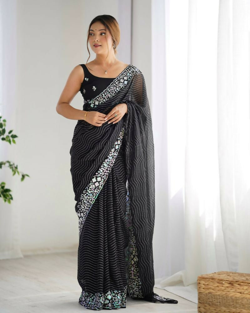 Georgette Designer Sequance Embroidery Work Party Wear Saree - Black | Grocsy