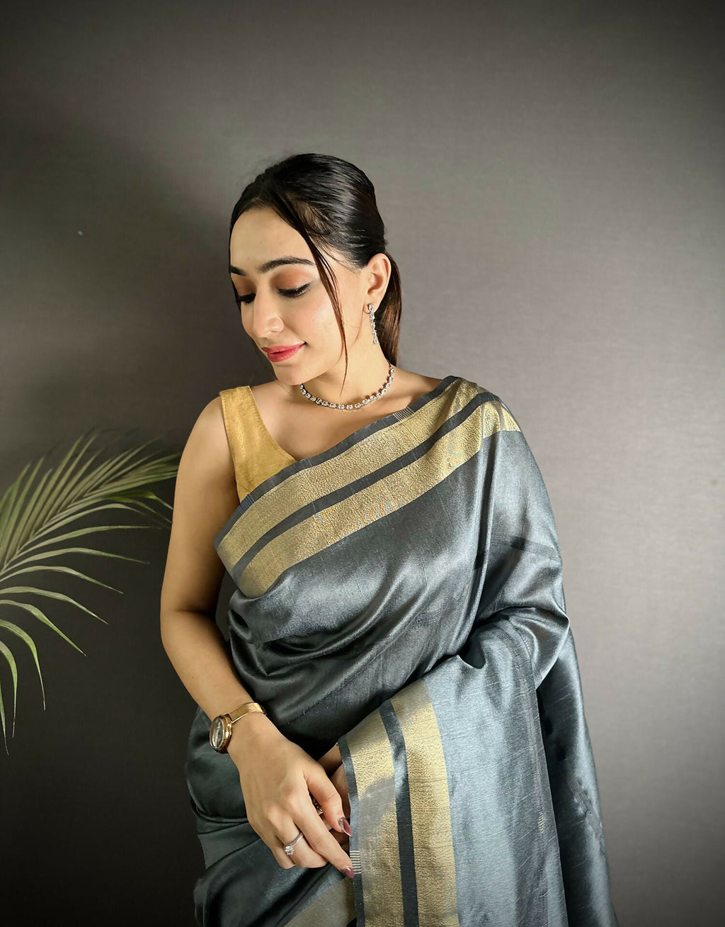 Joban Fashion Dark Grey Woven Pattern Raw Silk Kanjivaram Silk Saree | Grocsy