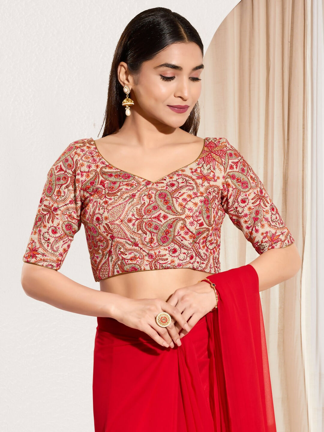 Joban Fashion Off White Cotton Padded Blouse With Sweetheart Neck Elbow Sleeves | Grocsy