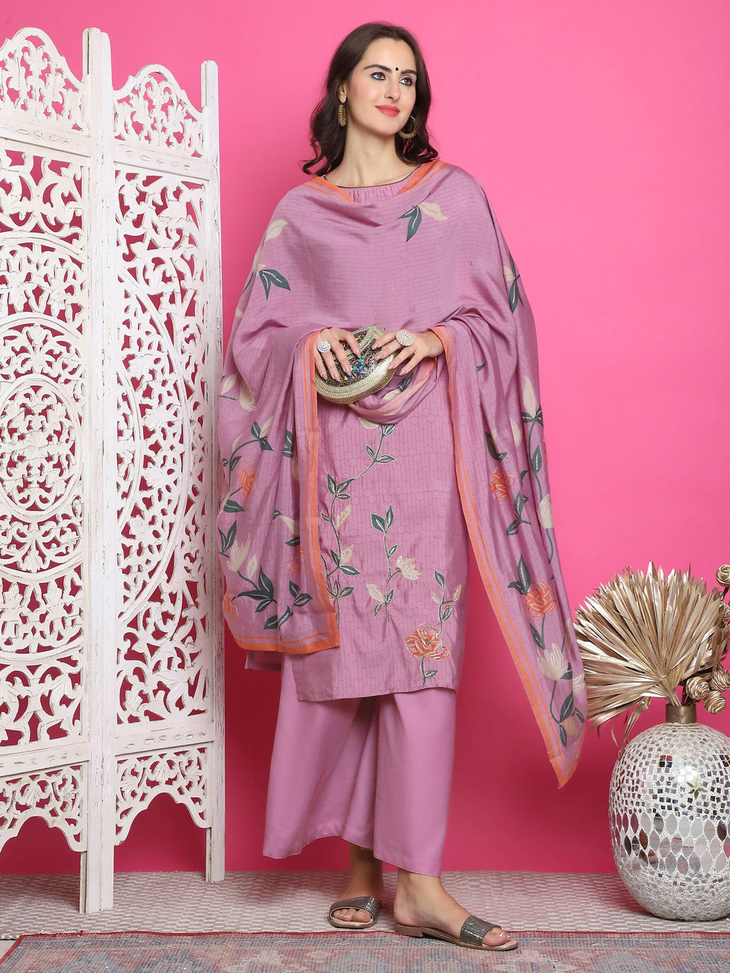 Jyoti Fashion Women's Purple Muslin Floral Print with Jari & Crystal work Kurta with Trouser & Dupatta | Grocsy