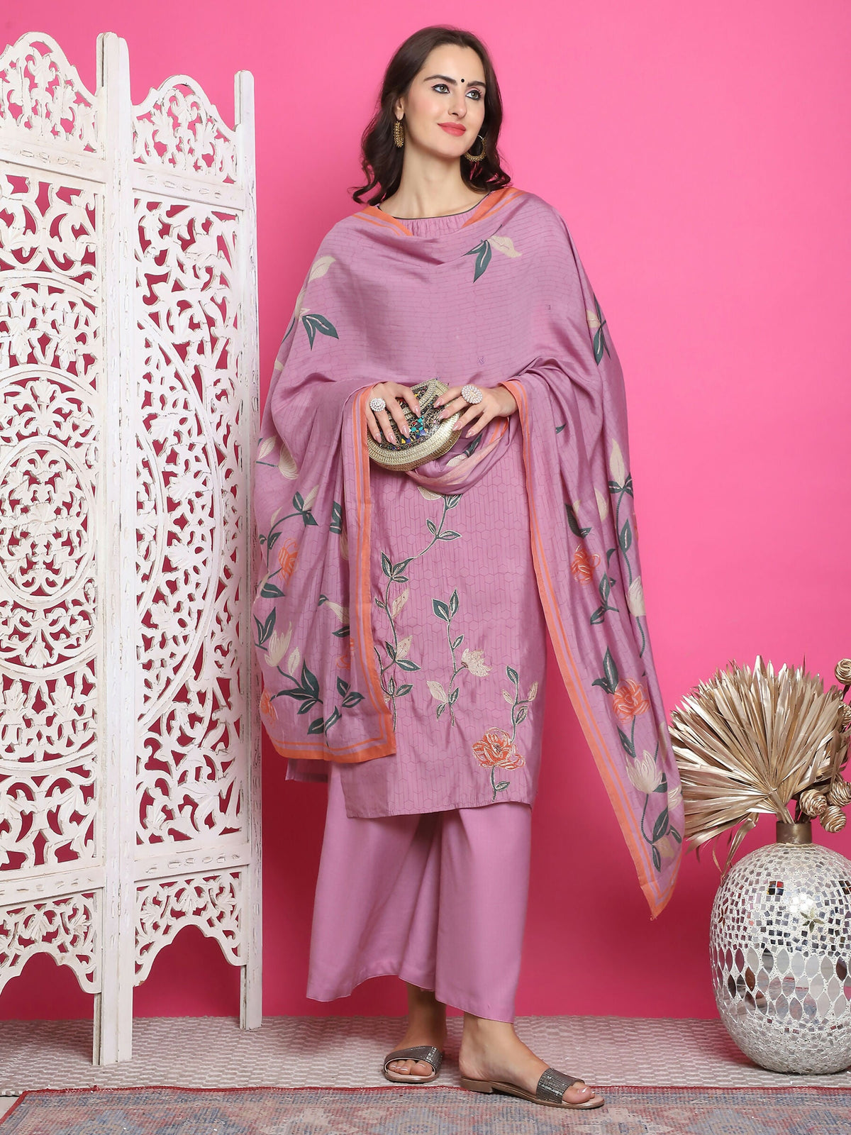 Jyoti Fashion Women's Purple Muslin Floral Print with Jari & Crystal work Kurta with Trouser & Dupatta | Grocsy