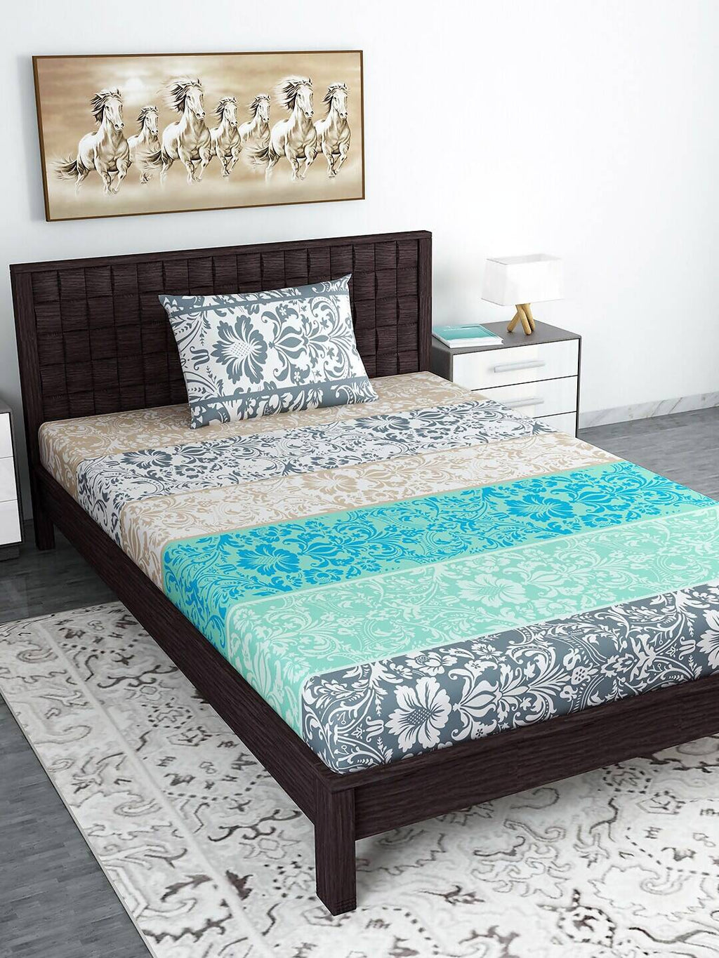 Divine Casa Blue & Grey Ethnic Motifs 120 TC Bedsheet with Pillow Covers | Grocsy