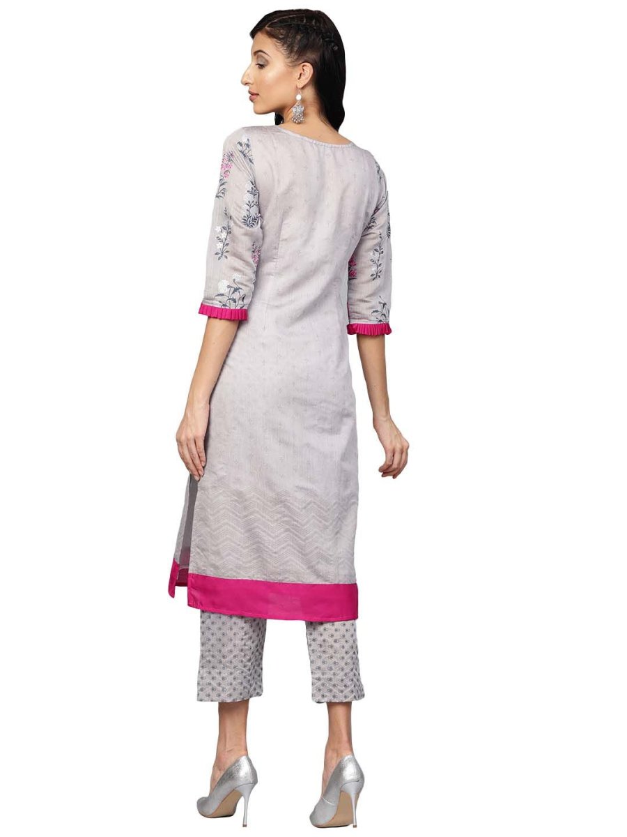 Ahalyaa Women Grey Chanderi Silk Printed Kurta Pant Set | Grocsy