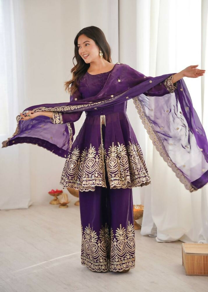 Teeya Creation Purple Color Fendy Satin Silk Embroidery Work party Wear Salwar Suit | Grocsy