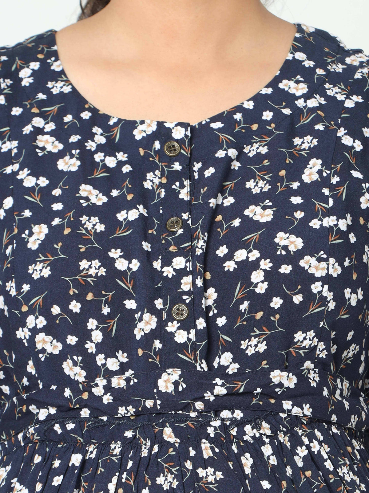 Manet Frill Slevees Maternity Dress Floral Print With Concealed Zipper Nursing Access - Navy | Grocsy