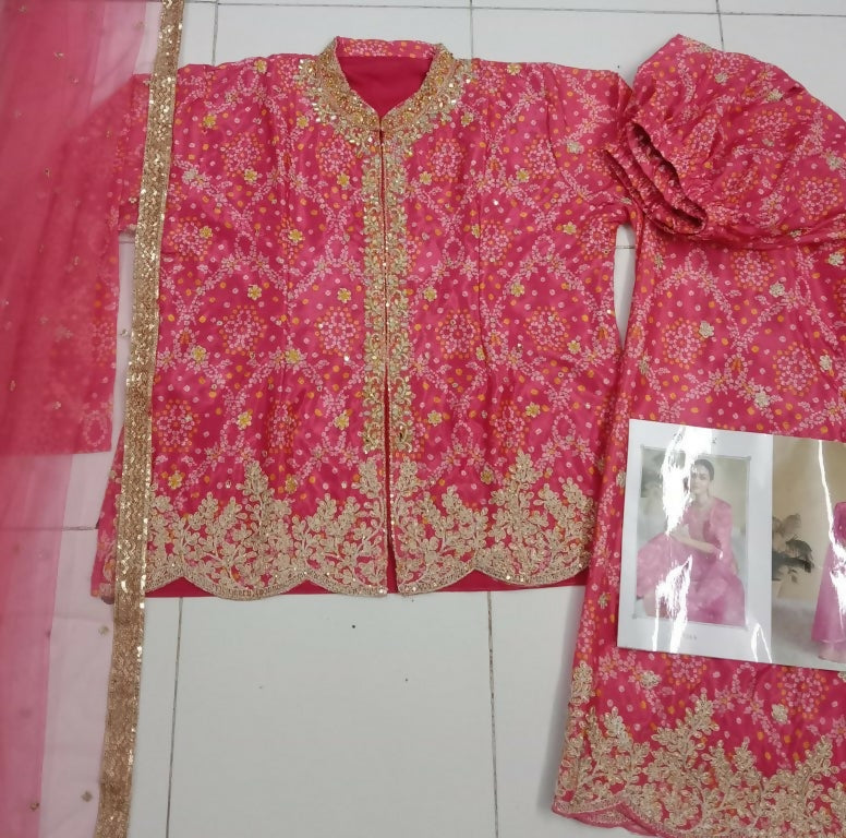 Vastranavya Pink Chinon Bandhini Print with Embroidery & Mirror or Jharkhan work Sharara Suit | Grocsy