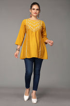 Women's Mustard Viscose blend Embroidered Short Top - Marina | Grocsy