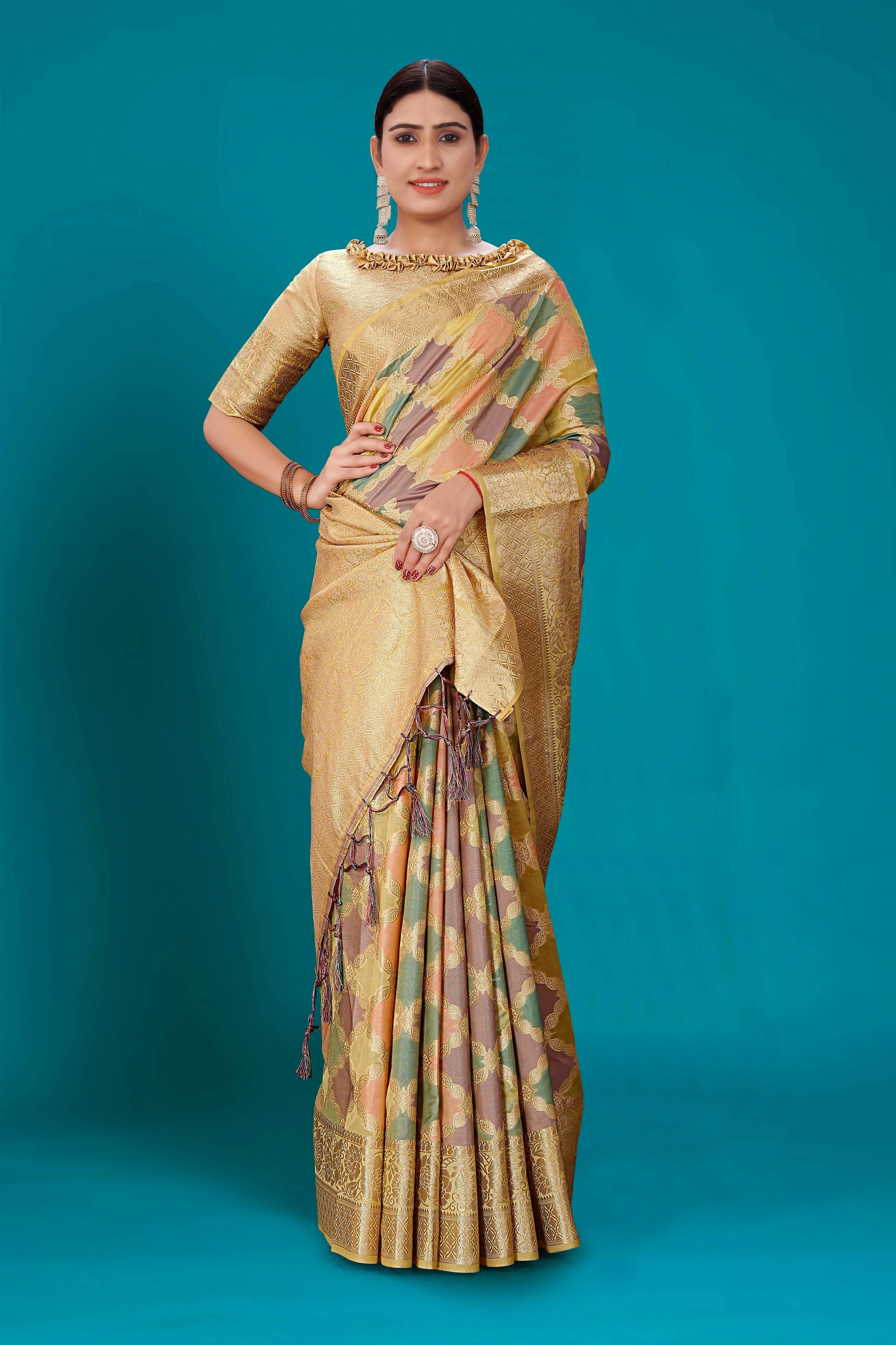 Beige Soft Organza Woven Design Saree with Unstitched Blouse Piece - Zaara | Grocsy